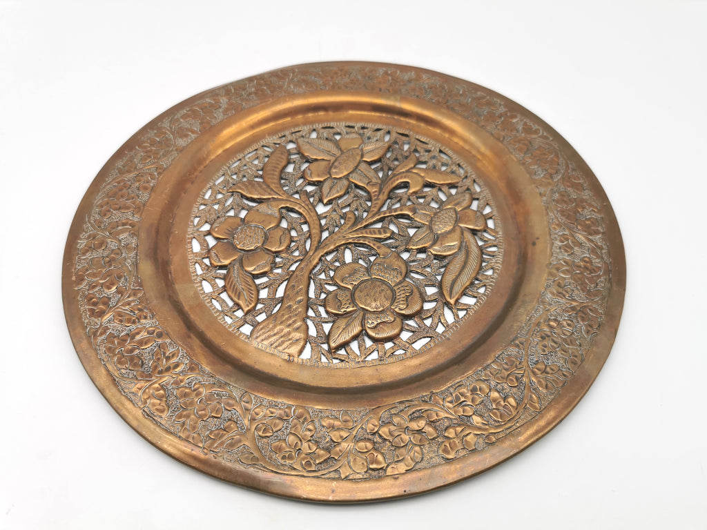 Vintage Hand-Pierced Copper Wall Platter/ Openwork Tree of Life Hanging Plate