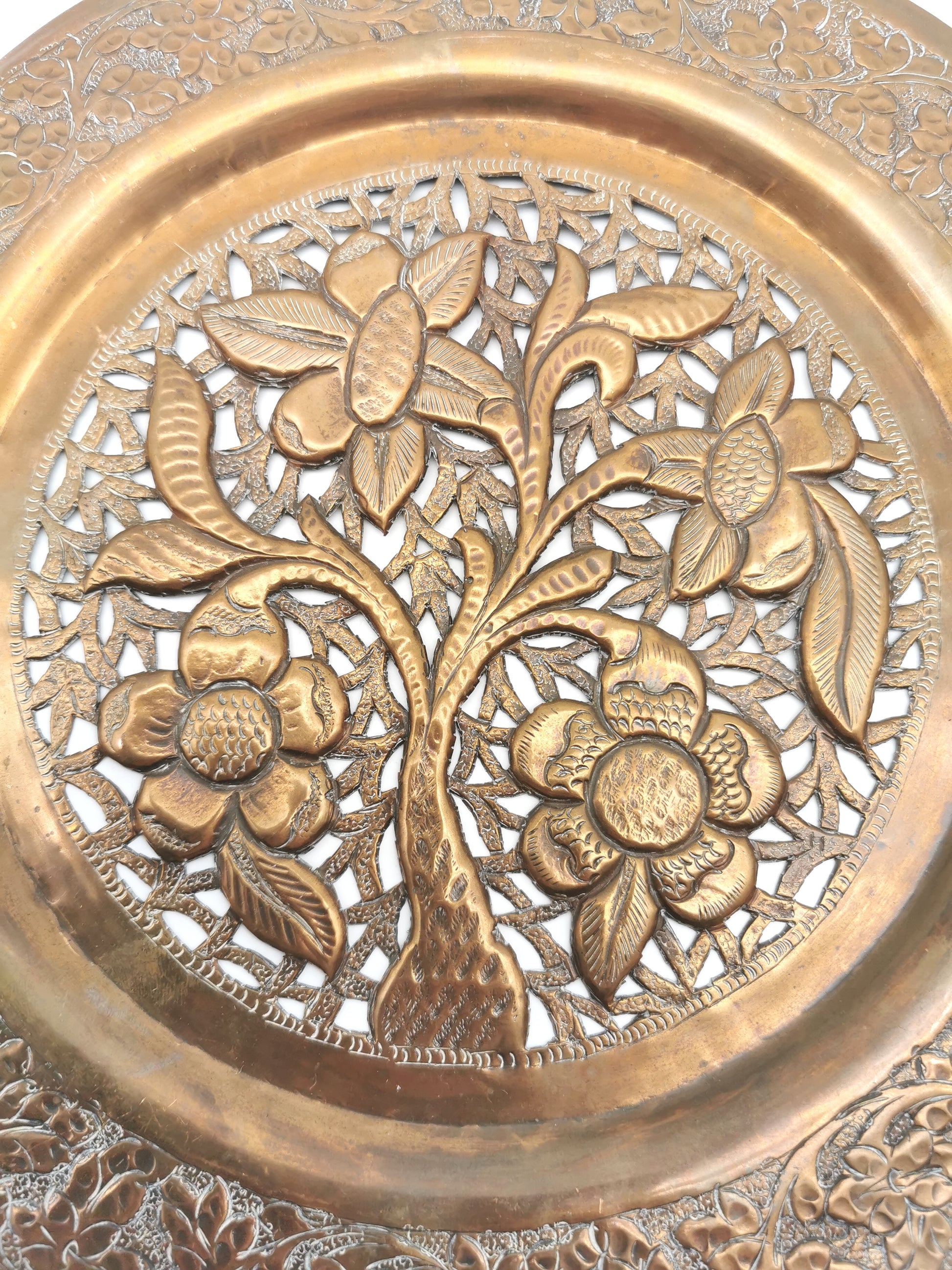 Vintage Hand-Pierced Copper Wall Platter/ Openwork Tree of Life Hanging Plate