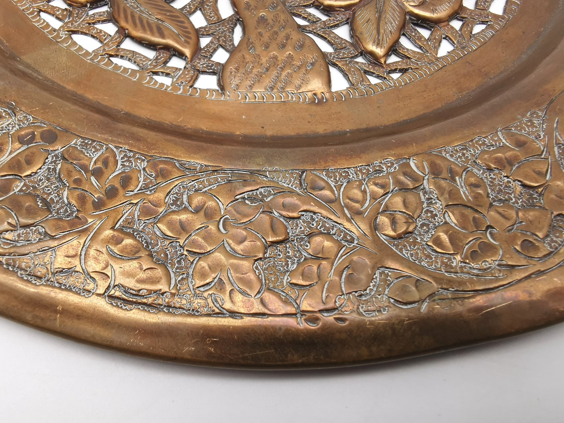 Vintage Hand-Pierced Copper Wall Platter/ Openwork Tree of Life Hanging Plate