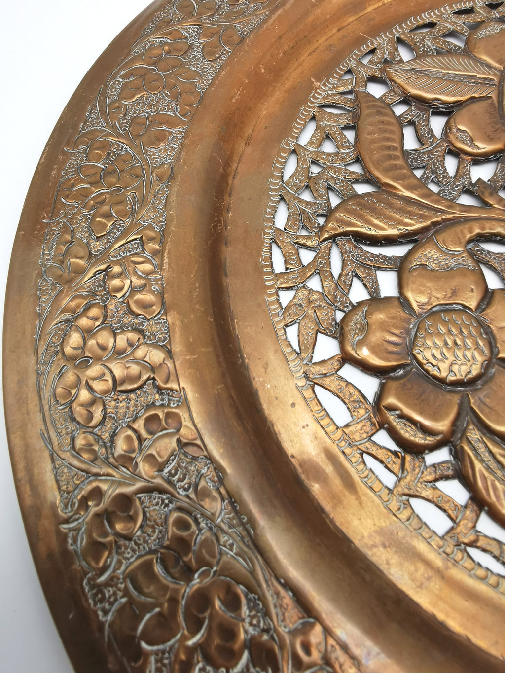Vintage Hand-Pierced Copper Wall Platter/ Openwork Tree of Life Hanging Plate