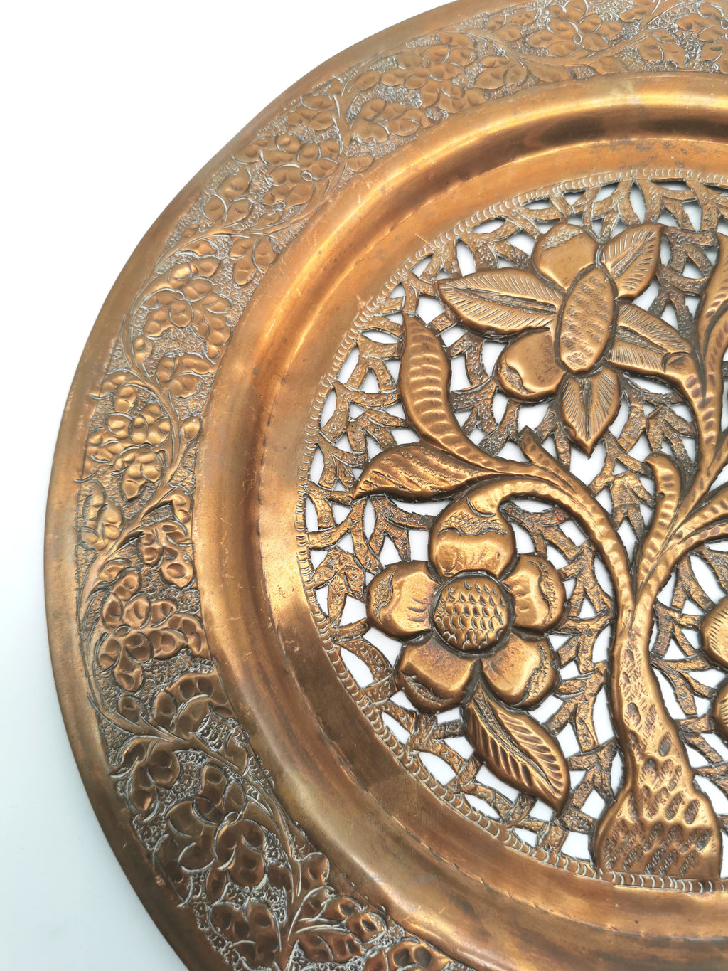 Vintage Hand-Pierced Copper Wall Platter/ Openwork Tree of Life Hanging Plate