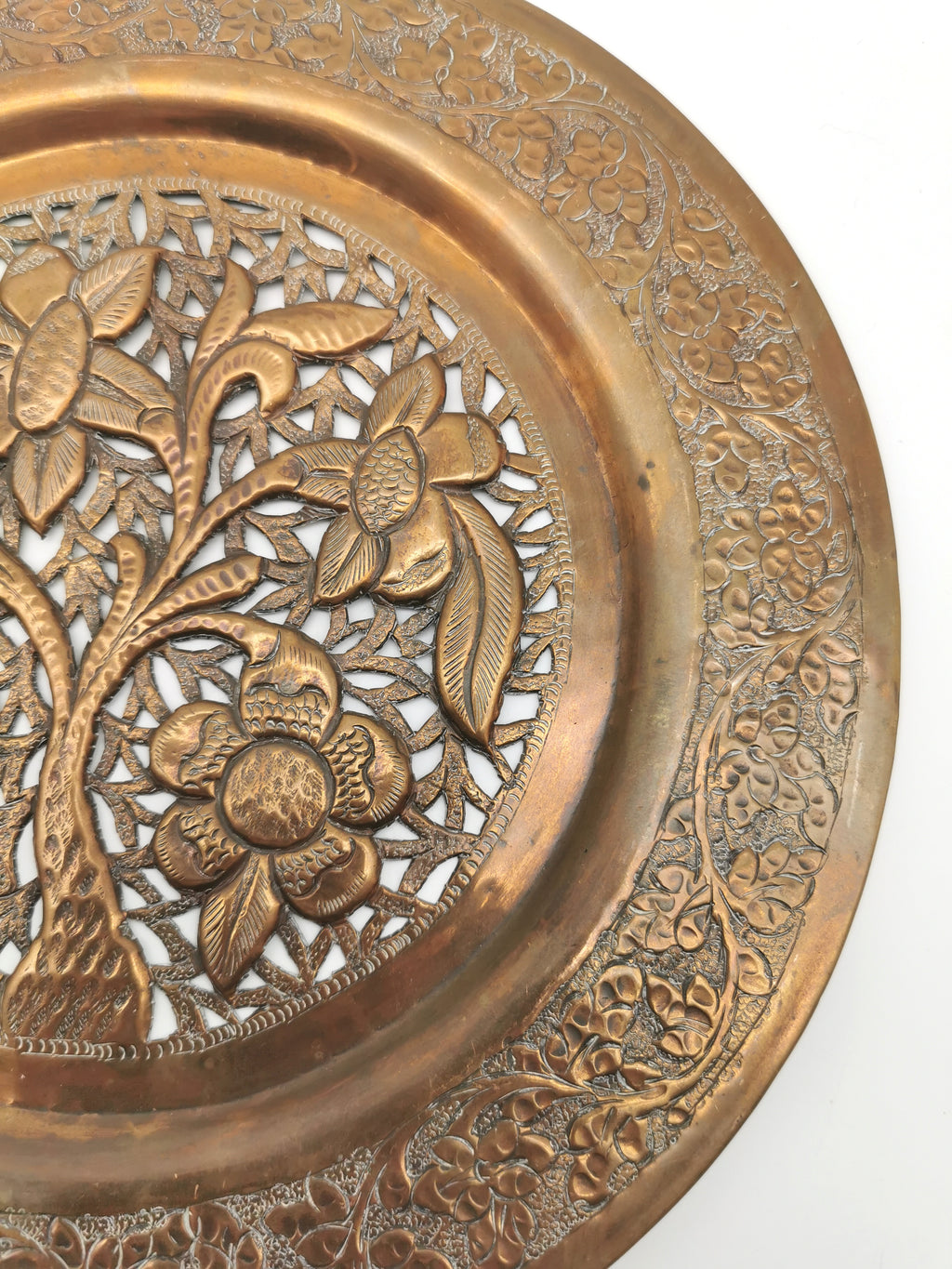 Vintage Hand-Pierced Copper Wall Platter/ Openwork Tree of Life Hanging Plate