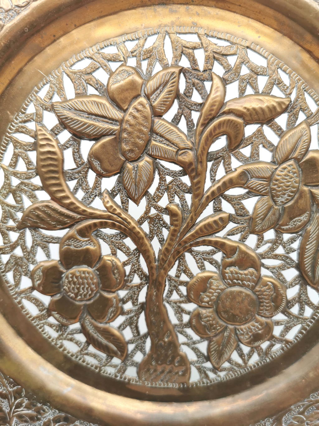 Vintage Hand-Pierced Copper Wall Platter/ Openwork Tree of Life Hanging Plate