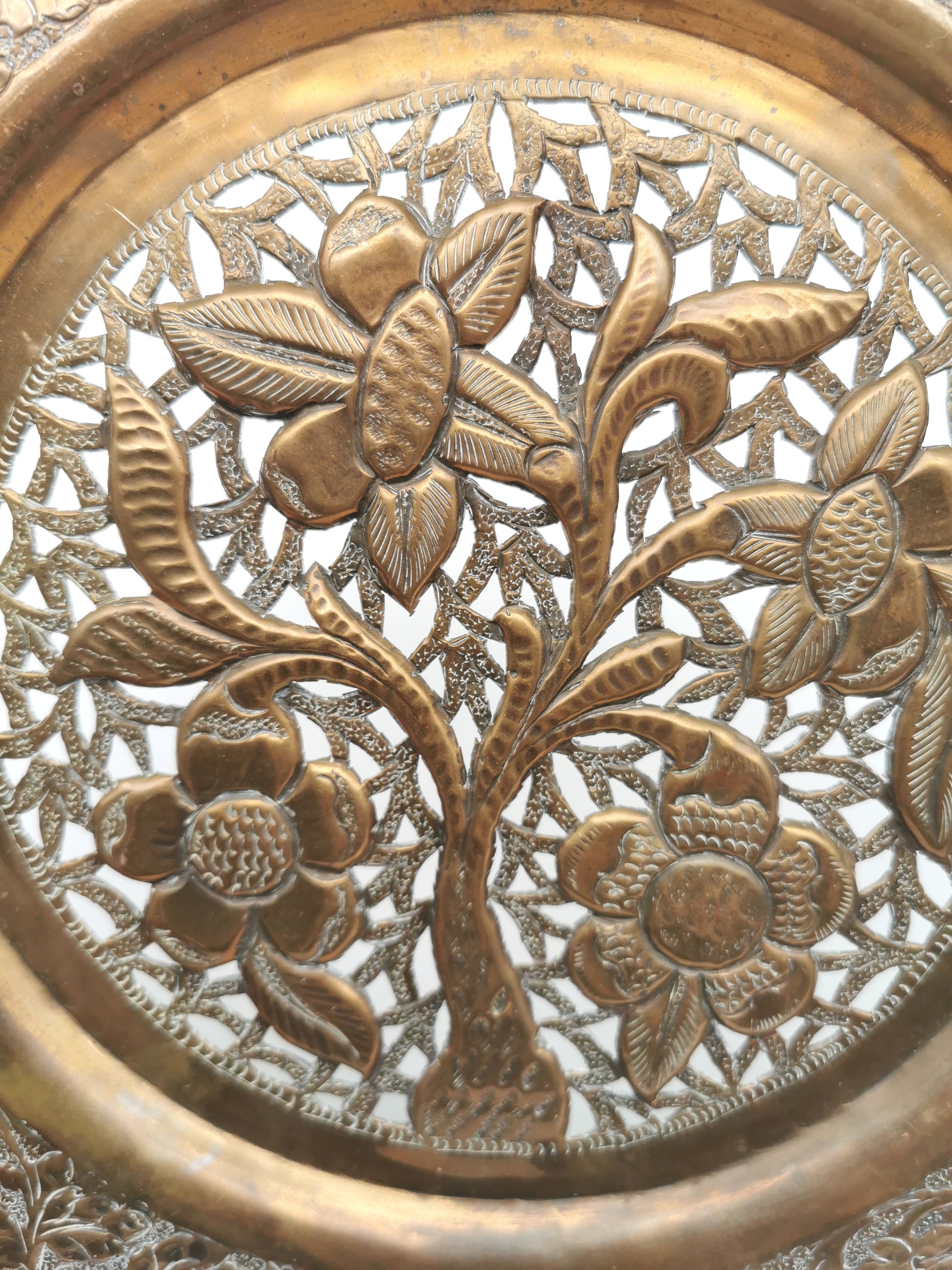 Vintage Hand-Pierced Copper Wall Platter/ Openwork Tree of Life Hanging Plate