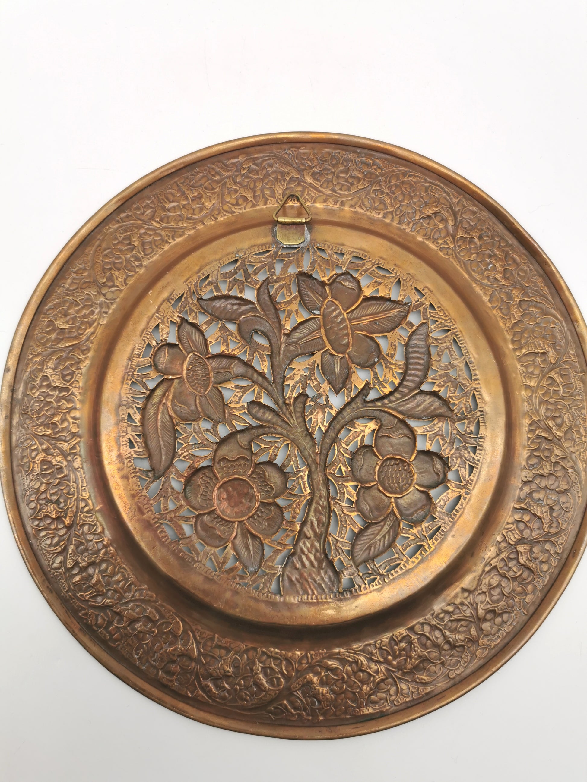 Vintage Hand-Pierced Copper Wall Platter/ Openwork Tree of Life Hanging Plate