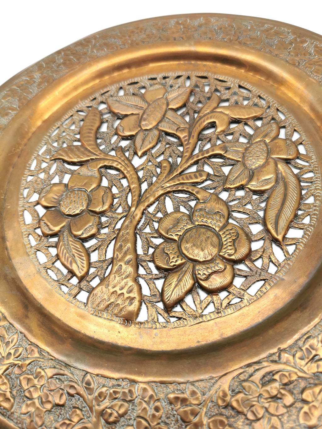 Vintage Hand-Pierced Copper Wall Platter/ Openwork Tree of Life Hanging Plate