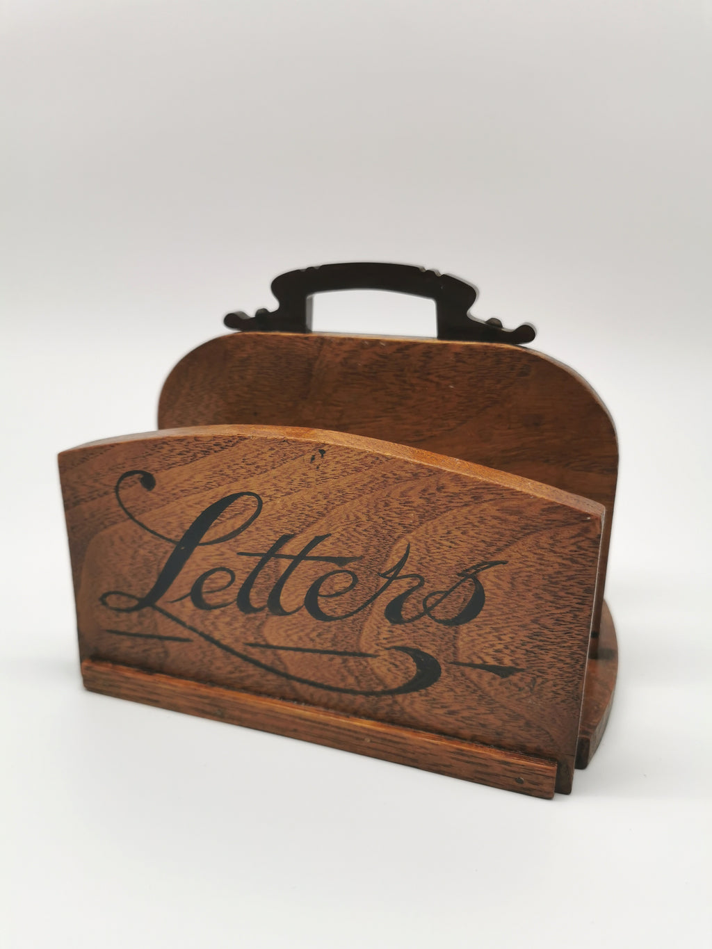 Vintage Double-Sided Wooden Letter Rack, Mid-Century Bakelite Handle