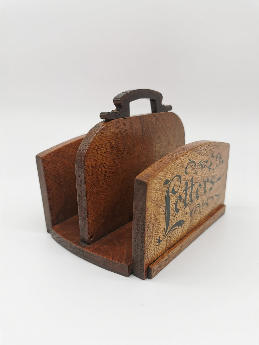 Vintage Double-Sided Wooden Letter Rack, Mid-Century Bakelite Handle