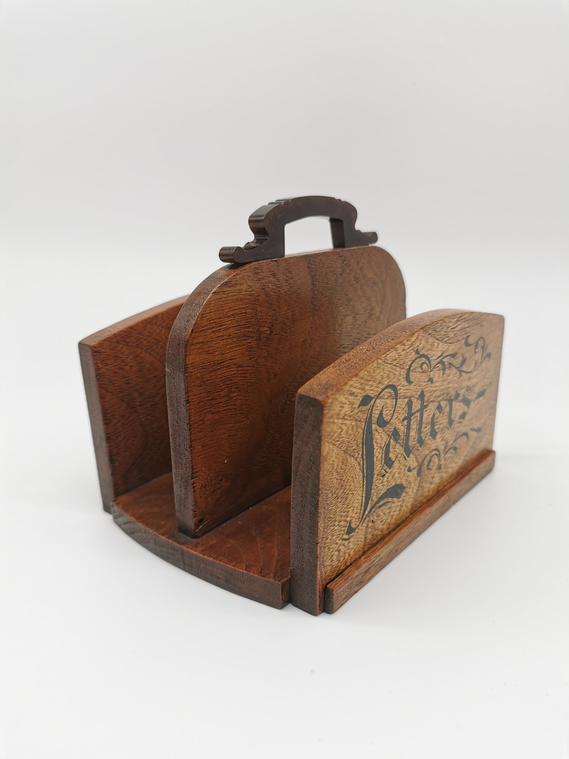 Vintage Double-Sided Wooden Letter Rack, Mid-Century Bakelite Handle