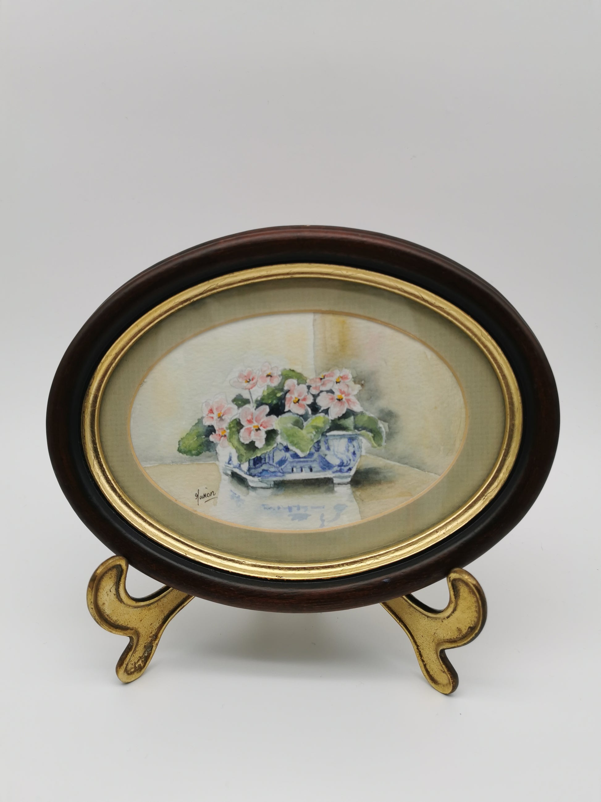 Vintage Original Floral Watercolor Signed Guion – Pink Flowers in Blue and White Bowl, Framed