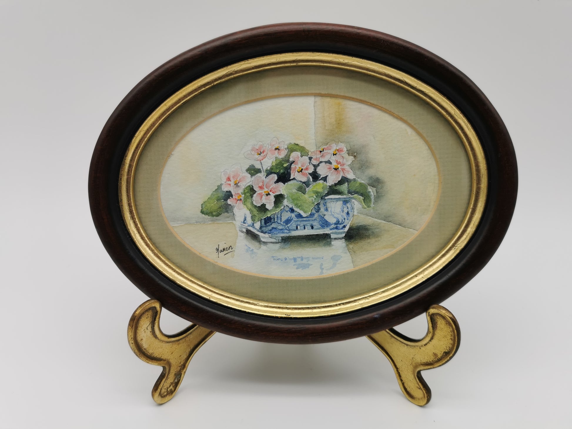 Vintage Original Floral Watercolor Signed Guion – Pink Flowers in Blue and White Bowl, Framed