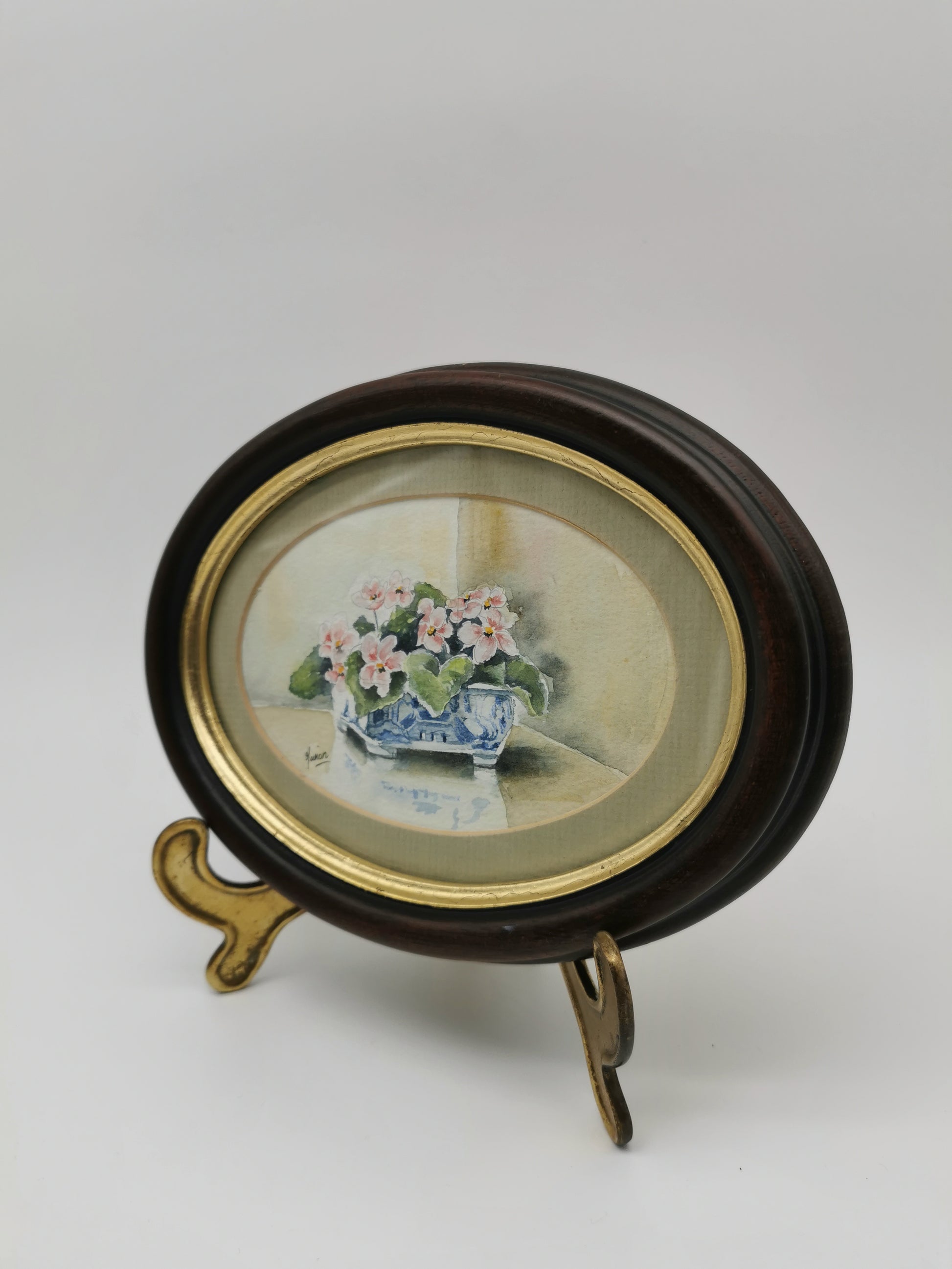 Vintage Original Floral Watercolor Signed Guion – Pink Flowers in Blue and White Bowl, Framed