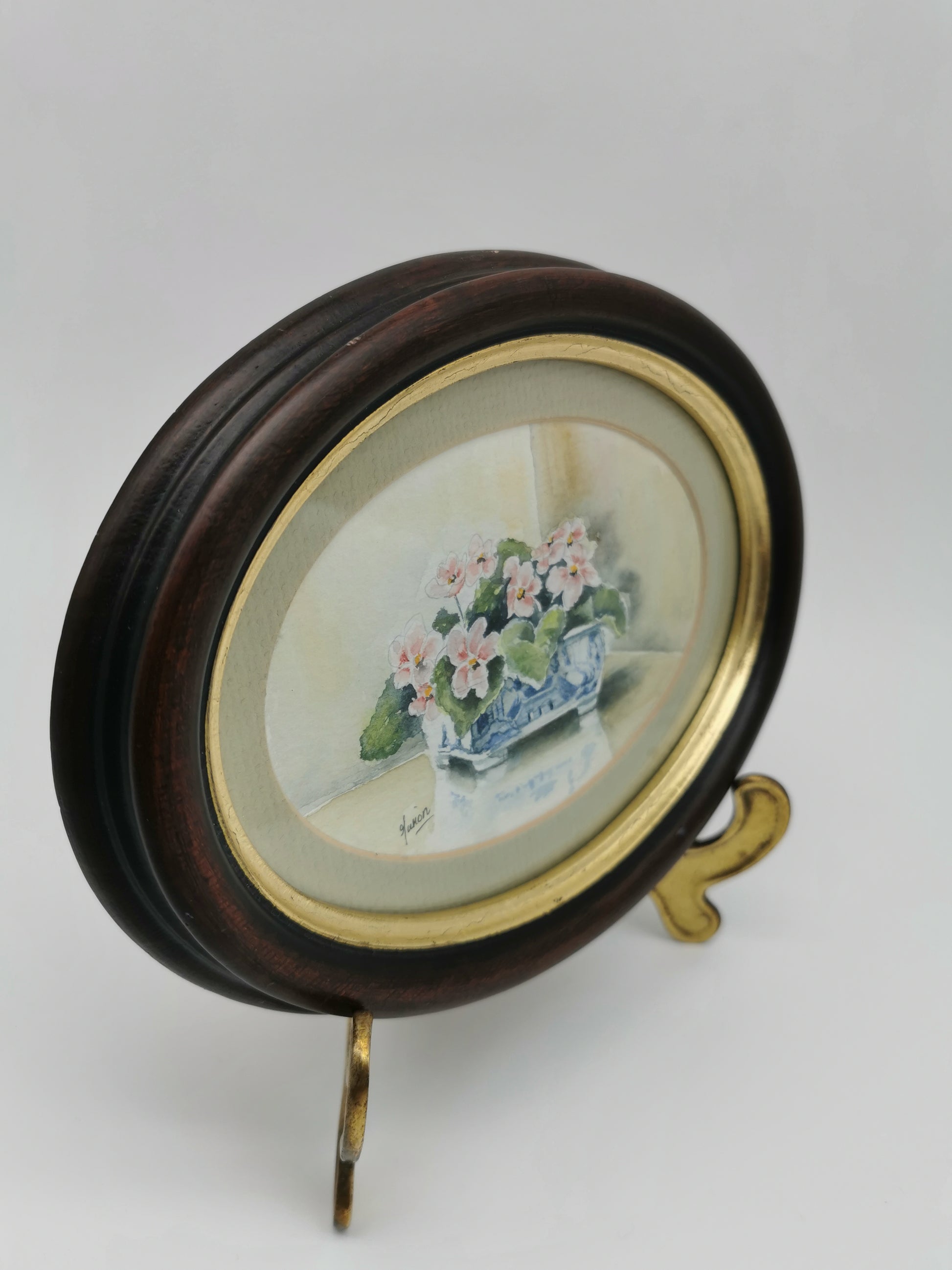 Vintage Original Floral Watercolor Signed Guion – Pink Flowers in Blue and White Bowl, Framed