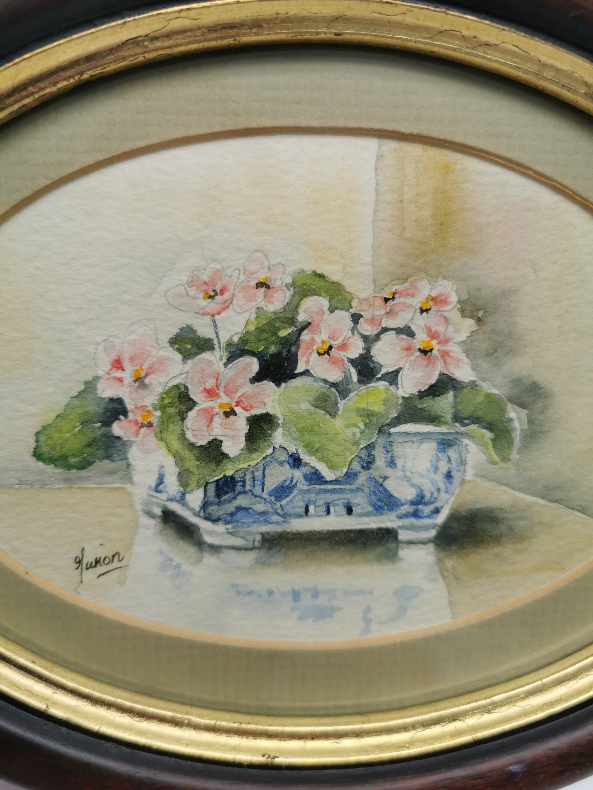 Vintage Original Floral Watercolor Signed Guion – Pink Flowers in Blue and White Bowl, Framed