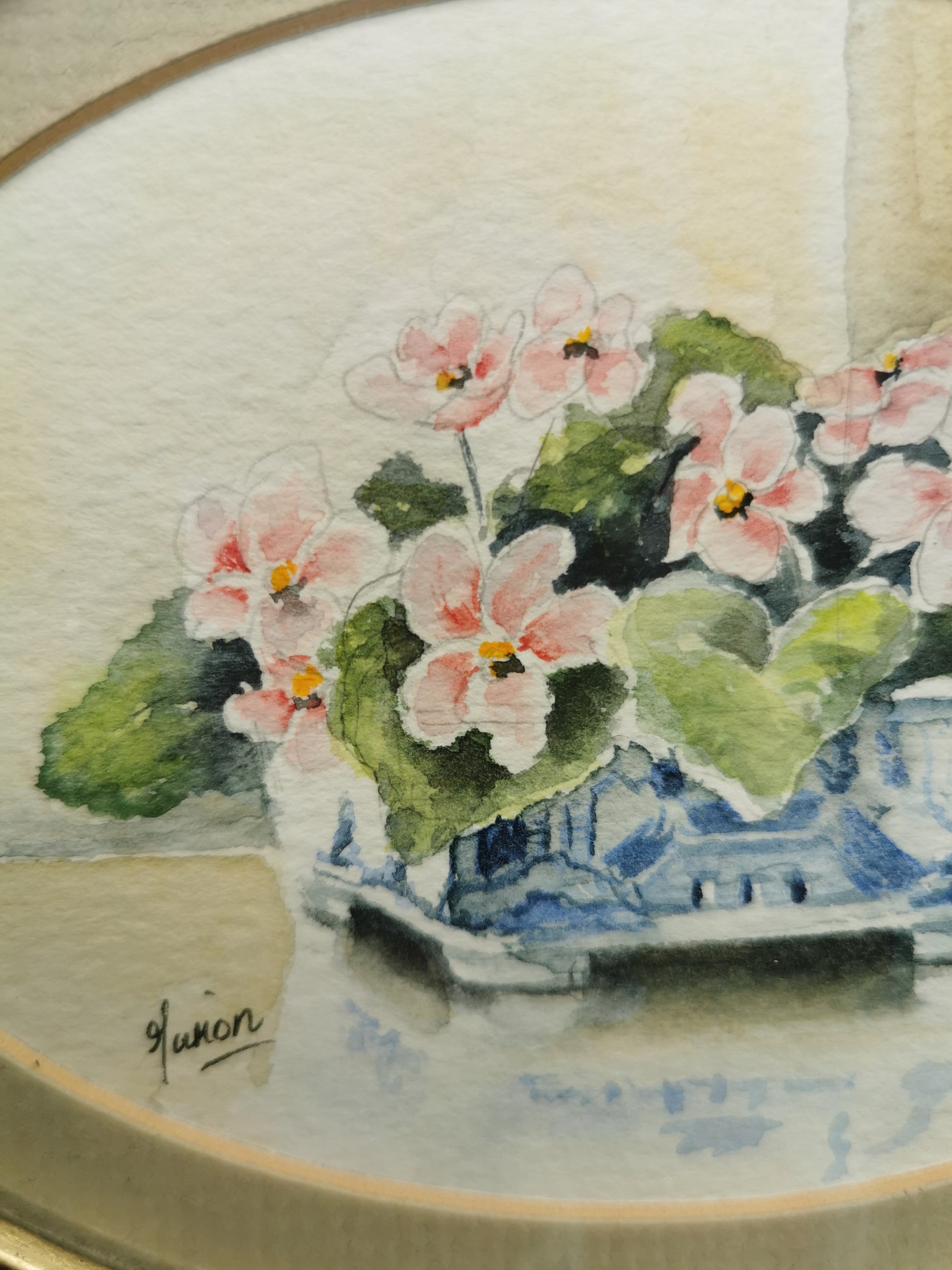 Vintage Original Floral Watercolor Signed Guion – Pink Flowers in Blue and White Bowl, Framed