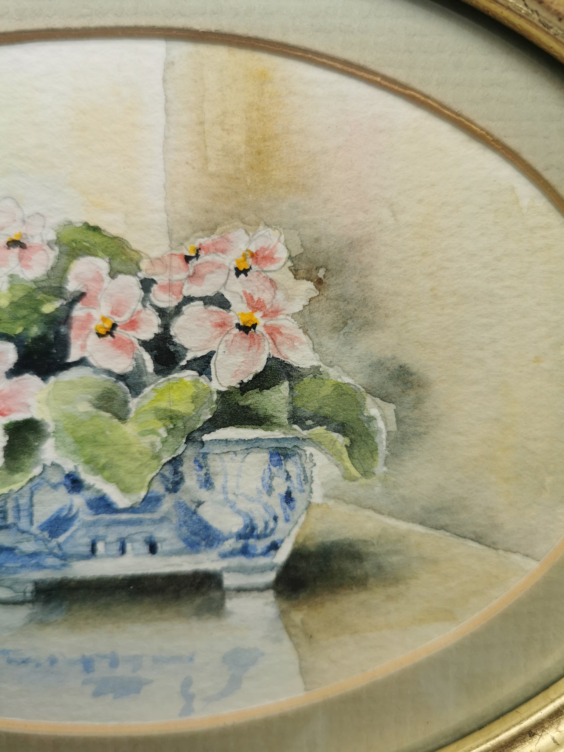 Vintage Original Floral Watercolor Signed Guion – Pink Flowers in Blue and White Bowl, Framed