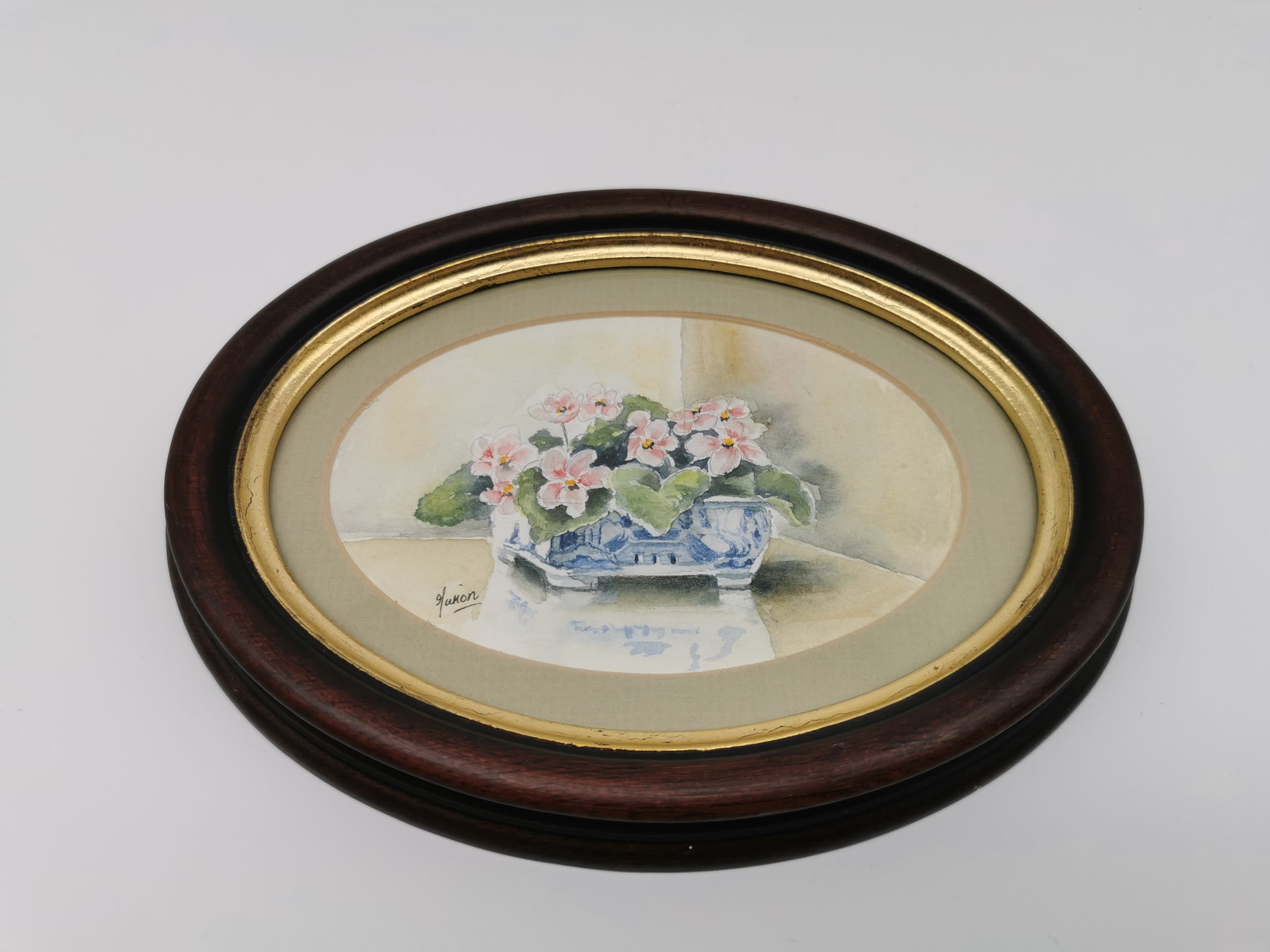 Vintage Original Floral Watercolor Signed Guion – Pink Flowers in Blue and White Bowl, Framed