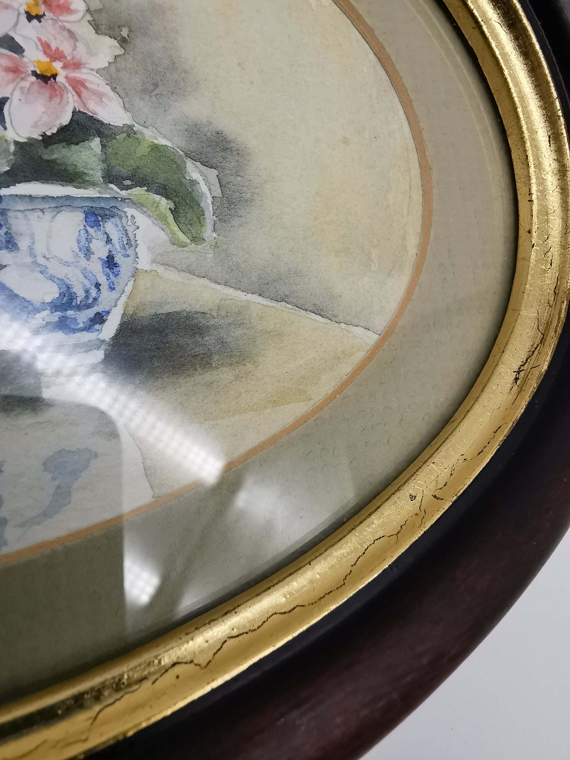 Vintage Original Floral Watercolor Signed Guion – Pink Flowers in Blue and White Bowl, Framed