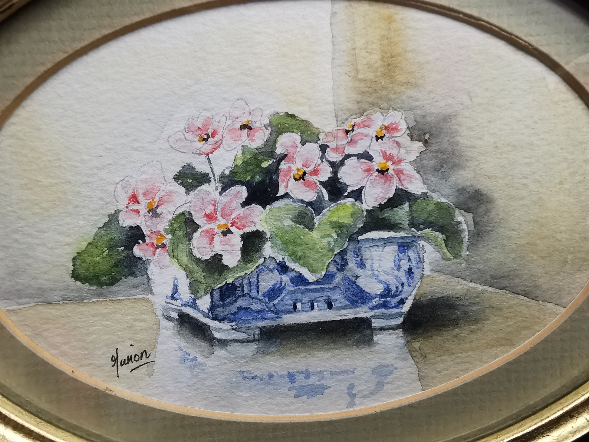 Vintage Original Floral Watercolor Signed Guion – Pink Flowers in Blue and White Bowl, Framed