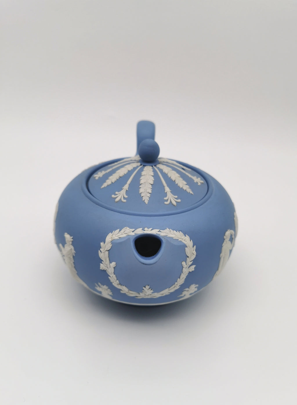 Vintage Wedgwood Pale Blue Jasperware Teapot – "Sacrifice to Cupid" Glazed Interior
