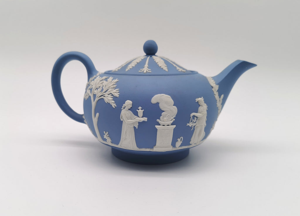 Vintage Wedgwood Pale Blue Jasperware Teapot – "Sacrifice to Cupid" Glazed Interior