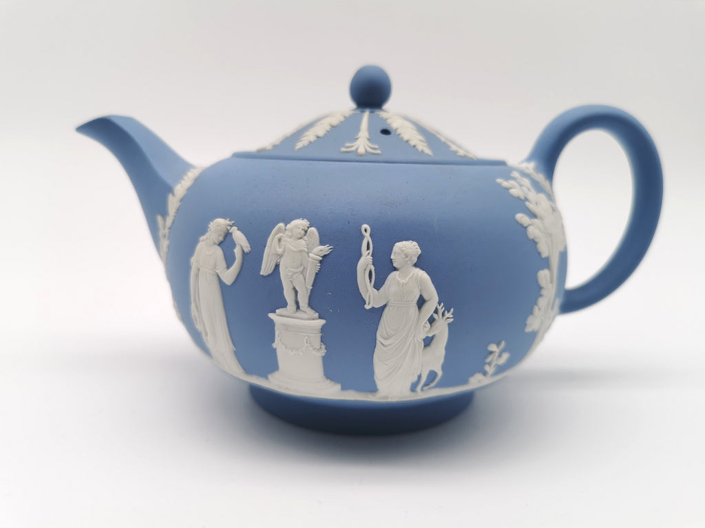 Vintage Wedgwood Pale Blue Jasperware Teapot – "Sacrifice to Cupid" Glazed Interior