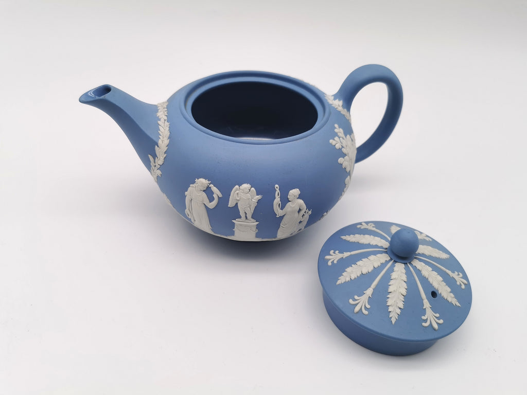Vintage Wedgwood Pale Blue Jasperware Teapot – "Sacrifice to Cupid" Glazed Interior