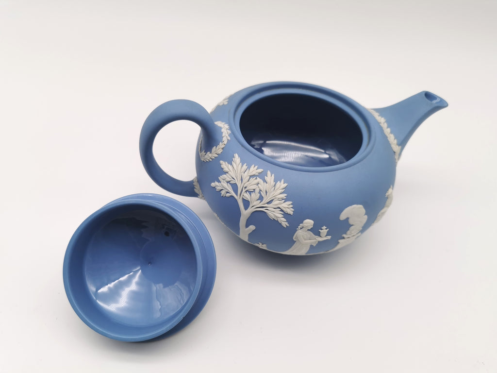 Vintage Wedgwood Pale Blue Jasperware Teapot – "Sacrifice to Cupid" Glazed Interior