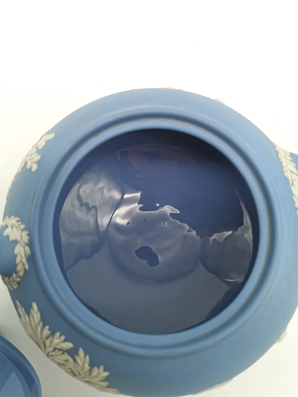 Vintage Wedgwood Pale Blue Jasperware Teapot – "Sacrifice to Cupid" Glazed Interior