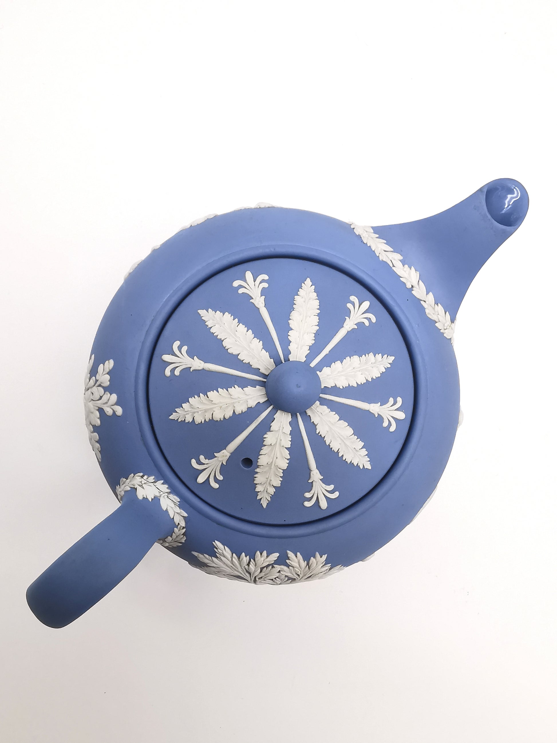 Vintage Wedgwood Pale Blue Jasperware Teapot – "Sacrifice to Cupid" Glazed Interior