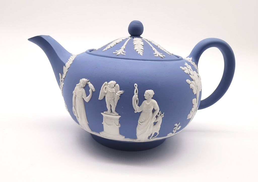 Vintage Wedgwood Pale Blue Jasperware Teapot – "Sacrifice to Cupid" Glazed Interior
