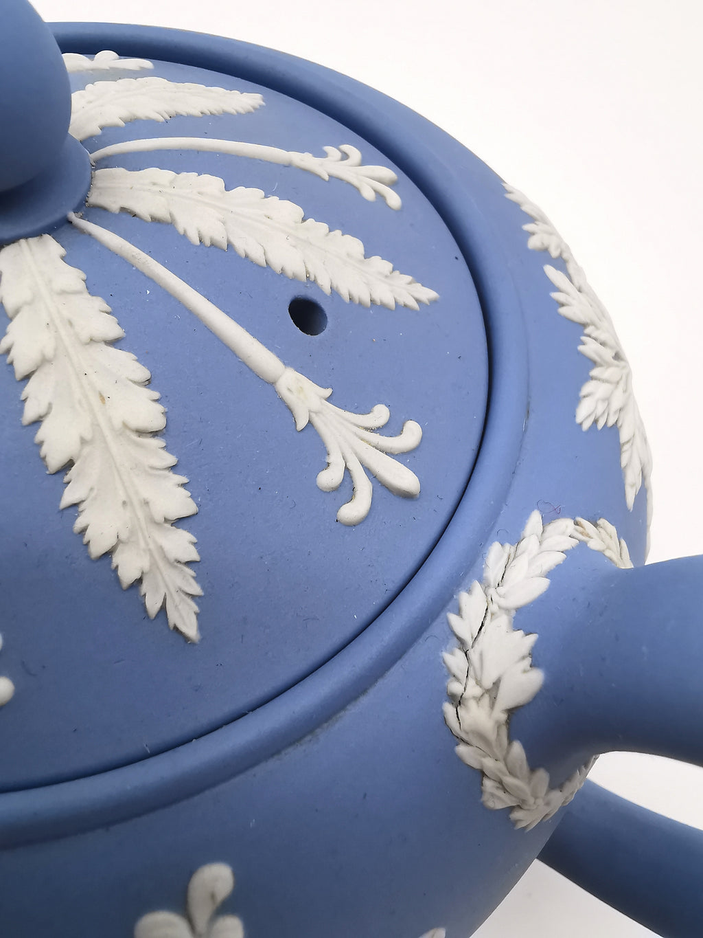 Vintage Wedgwood Pale Blue Jasperware Teapot – "Sacrifice to Cupid" Glazed Interior