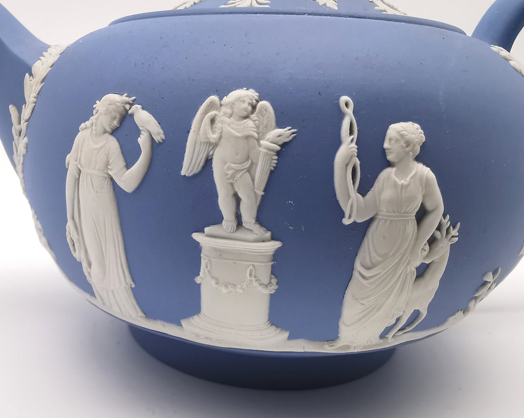 Vintage Wedgwood Pale Blue Jasperware Teapot – "Sacrifice to Cupid" Glazed Interior