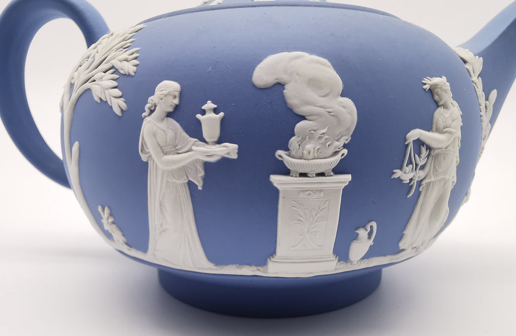 Vintage Wedgwood Pale Blue Jasperware Teapot – "Sacrifice to Cupid" Glazed Interior