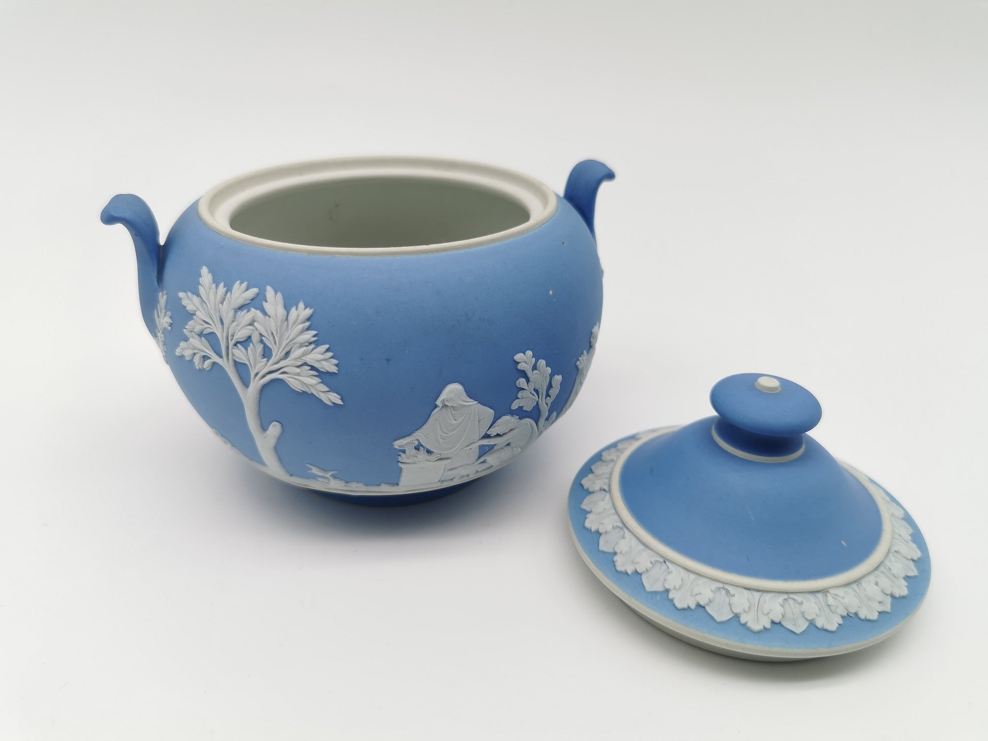 Vintage Wedgwood Pale Blue Jasperware Lidded Sugar Bowl – Sacrifice Relief Glazed Inside