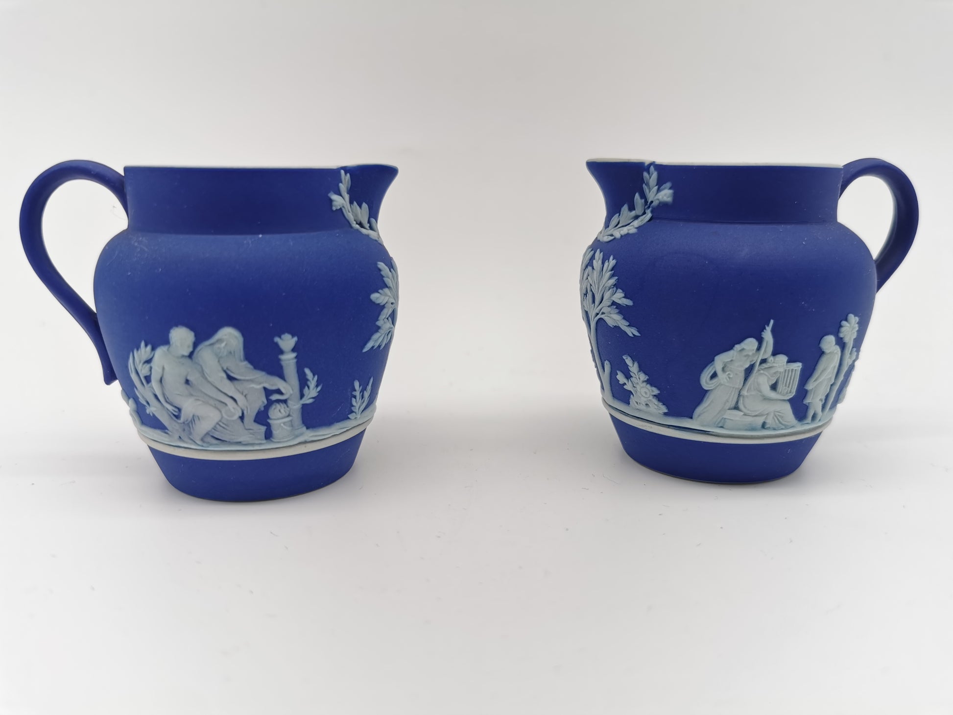 Pair of Antique Wedgwood Cobalt Blue Jasperware Small Cream Jugs