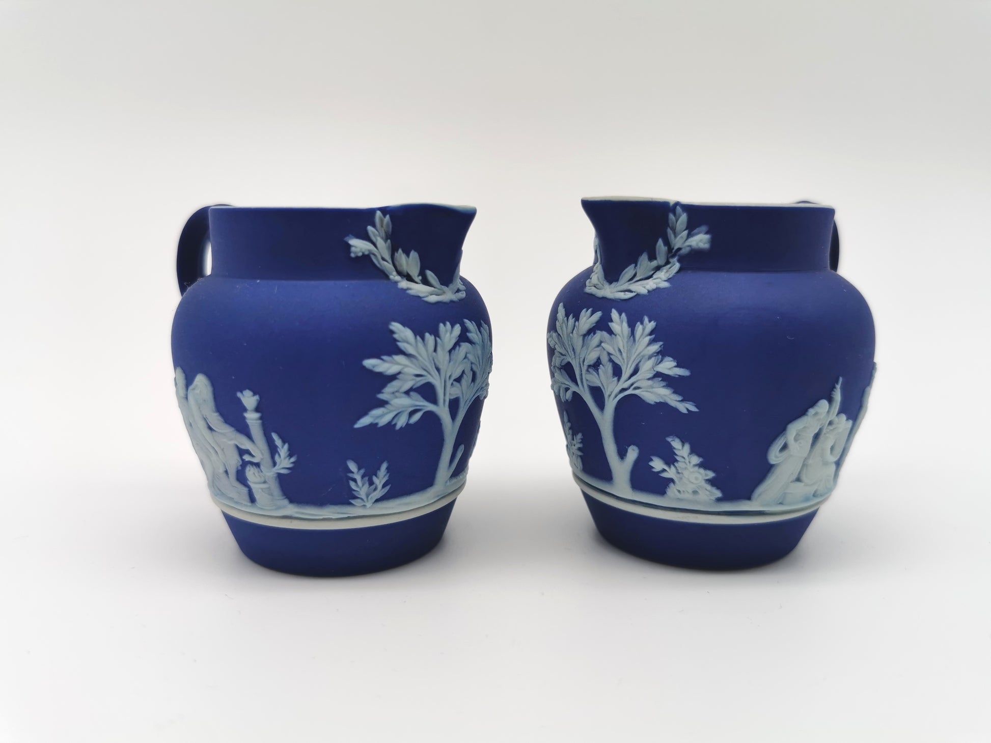 Pair of Antique Wedgwood Cobalt Blue Jasperware Small Cream Jugs