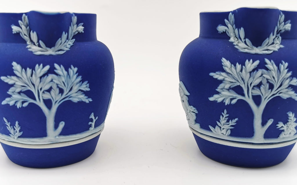 Pair of Antique Wedgwood Cobalt Blue Jasperware Small Cream Jugs