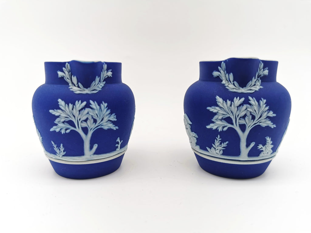 Pair of Antique Wedgwood Cobalt Blue Jasperware Small Cream Jugs