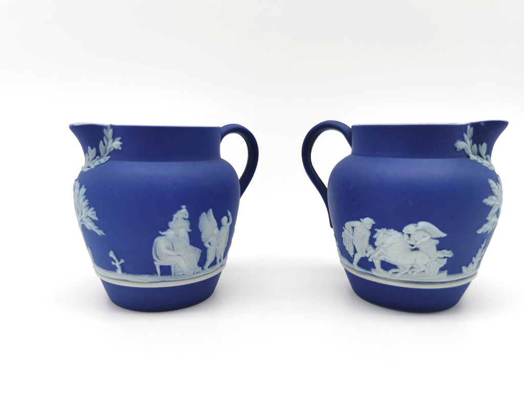 Pair of Antique Wedgwood Cobalt Blue Jasperware Small Cream Jugs