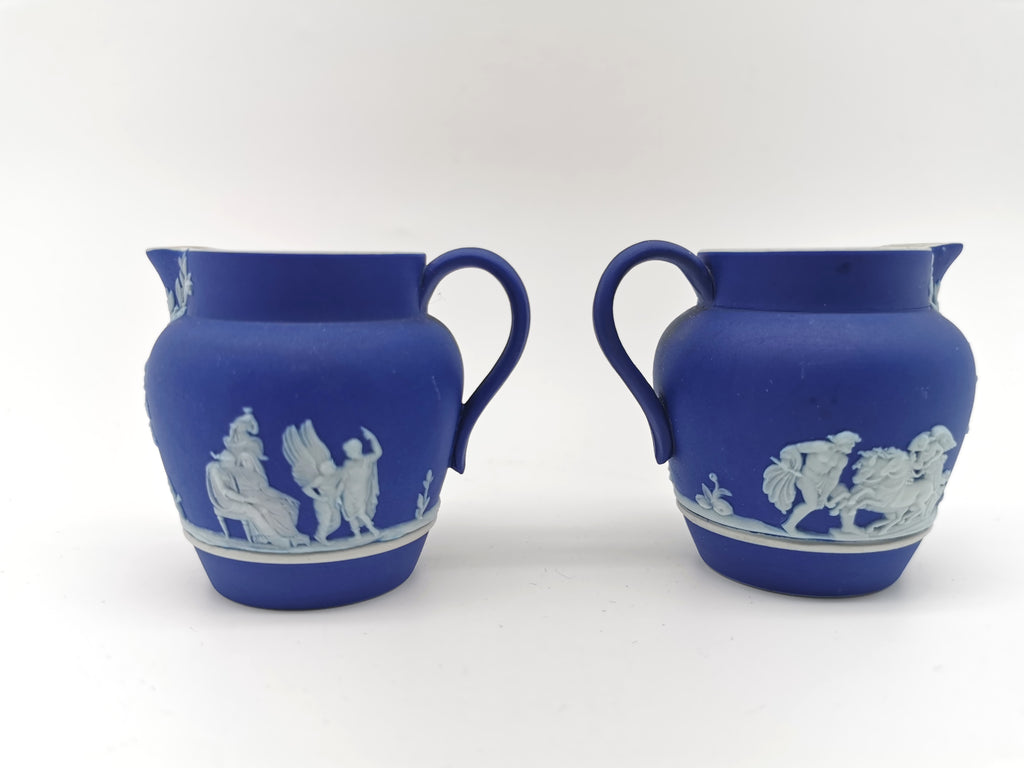 Pair of Antique Wedgwood Cobalt Blue Jasperware Small Cream Jugs