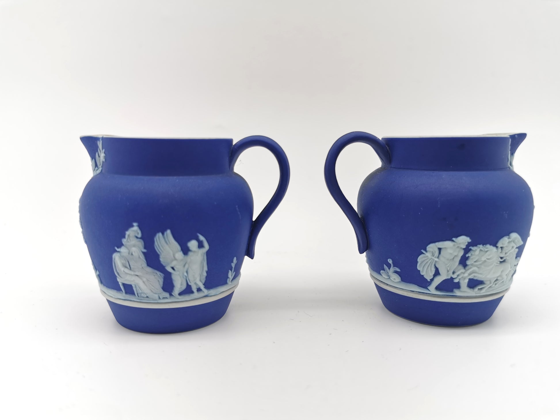 Pair of Antique Wedgwood Cobalt Blue Jasperware Small Cream Jugs