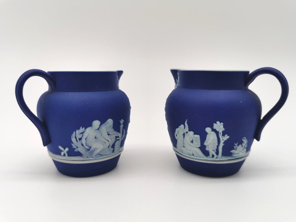 Pair of Antique Wedgwood Cobalt Blue Jasperware Small Cream Jugs