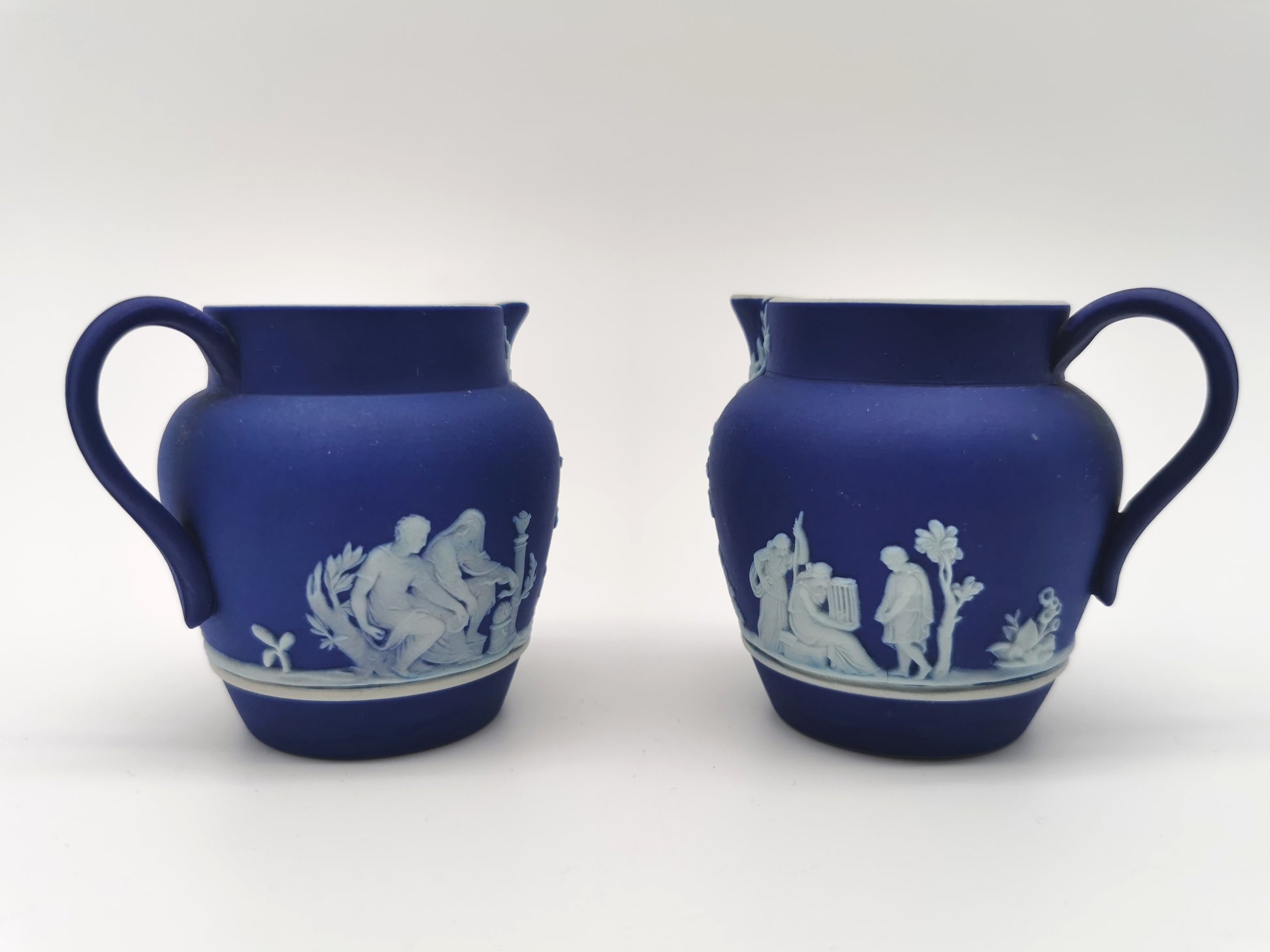 Pair of Antique Wedgwood Cobalt Blue Jasperware Small Cream Jugs