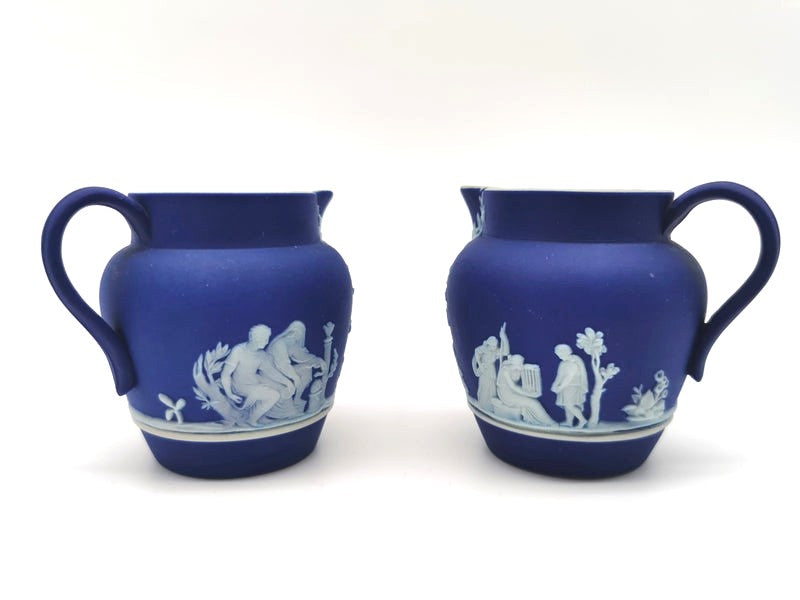 Pair of Antique Wedgwood Cobalt Blue Jasperware Small Cream Jugs