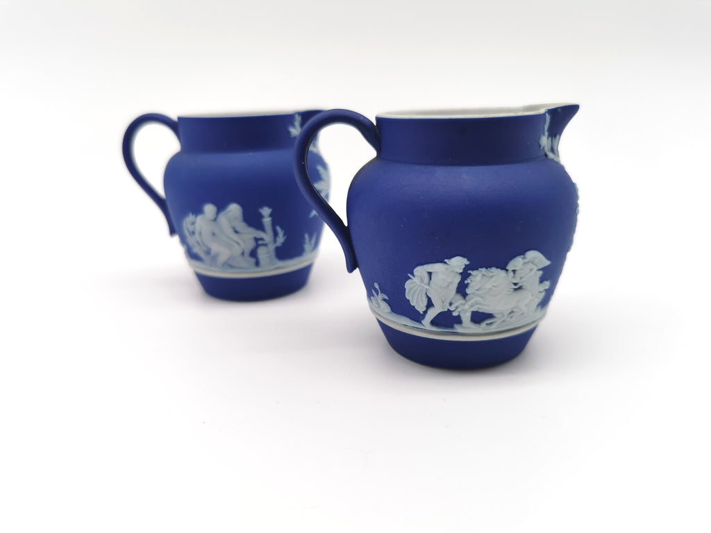 Pair of Antique Wedgwood Cobalt Blue Jasperware Small Cream Jugs