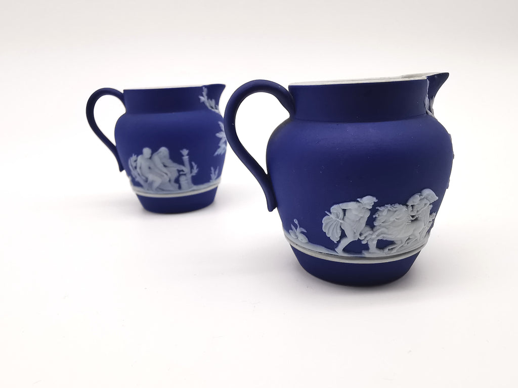 Pair of Antique Wedgwood Cobalt Blue Jasperware Small Cream Jugs