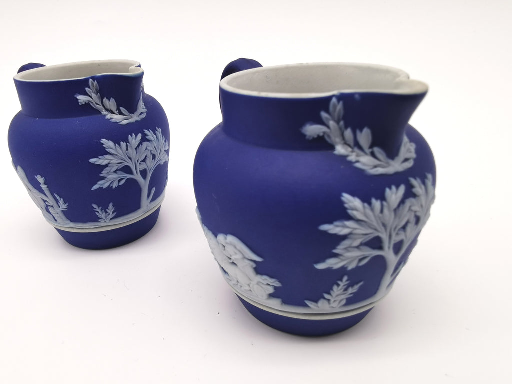 Pair of Antique Wedgwood Cobalt Blue Jasperware Small Cream Jugs