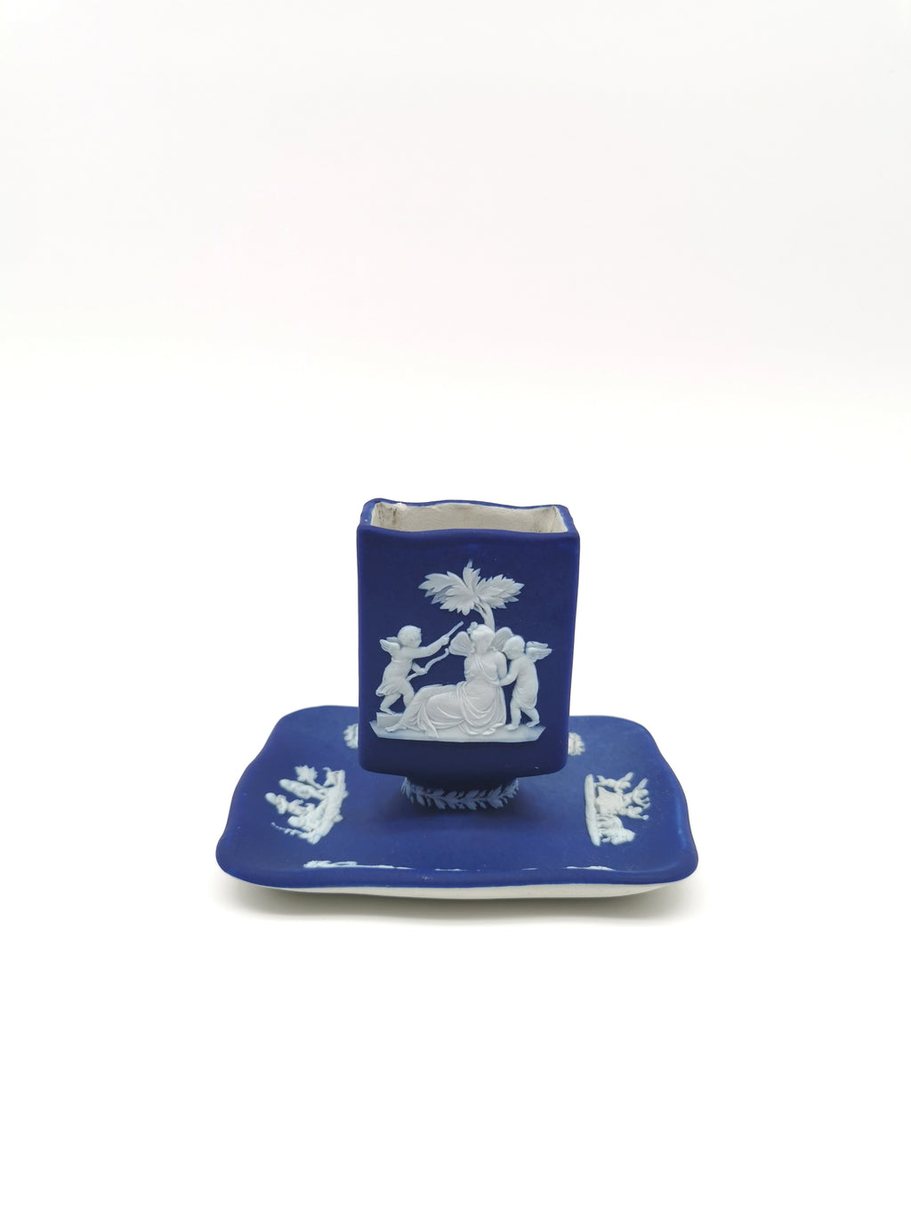 Antique Wedgwood Cobalt Blue Jasperware Matchbox Holder Sleeve and Tray