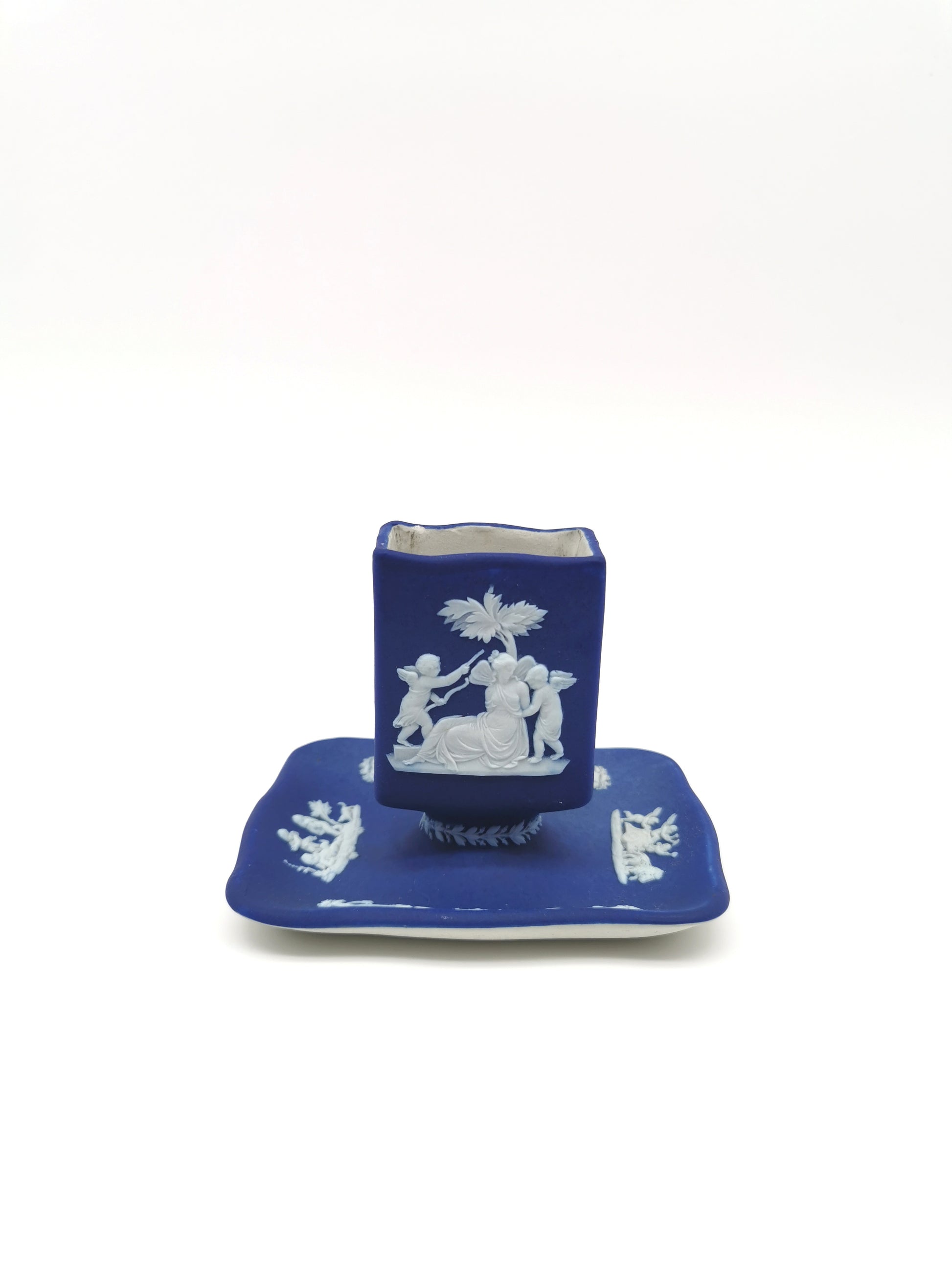 Antique Wedgwood Cobalt Blue Jasperware Matchbox Holder Sleeve and Tray